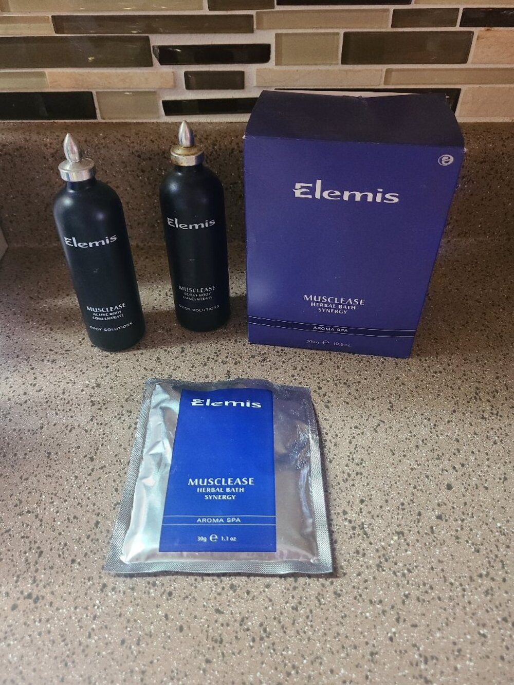 2 Elemis Musclease Active Body Concentrate 3.4 oz. & Box of 10 Herbal Bath Syner